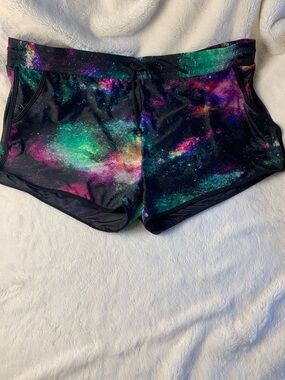 torrid Galaxy-Print Athletic Shorts in Black with Green & Purple